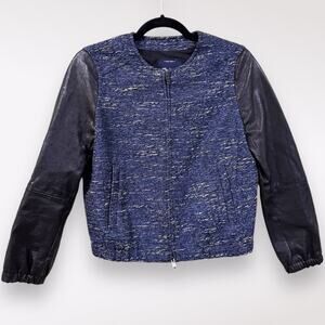 Madewell | Small‎ True Leather Jacket Tweed Bomber Moto Metallic Blue Shimmer